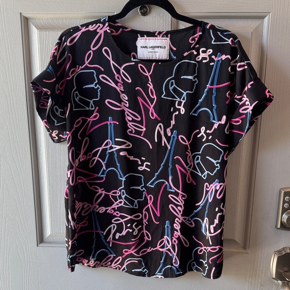 Karl Lagerfeld Tops - Karl Lagerfeld Black Tee with Pink and Blue Graphics